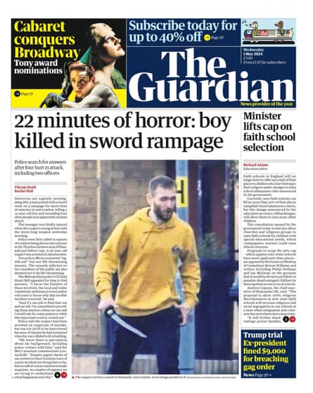 Guardian front page, Wednesday 1 May 2024