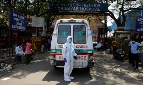 An ambulance outside Lok Nayak Jaiprakash Narayan hospital in New Delhi, India.