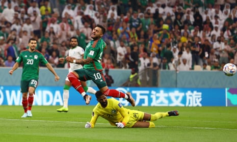 Saudi Arabia's Mohammed Al-Owais in action with Mexico's Alexis Vega.