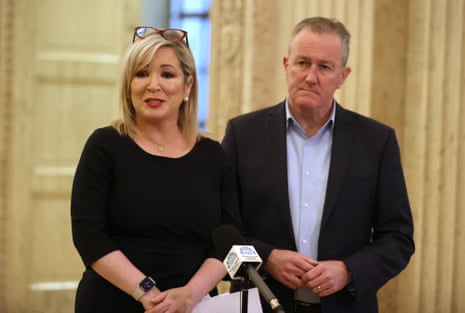 Michelle O'Neill and her Sinn Féin colleague Connor Murphy speaking to the media yesterday.