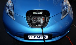 Detail of the charging point of the Nissan Leaf is displayed at an exhibition in Sydney, Australia.