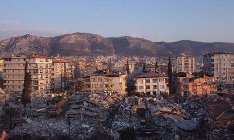 Collapsed buildings in Antakya, Turkey.