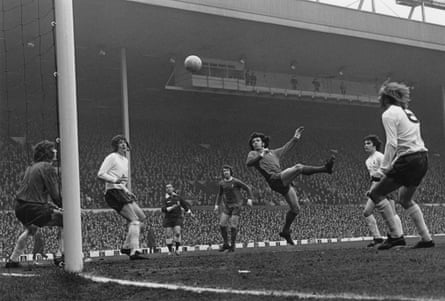 Kevin Keegan tries to beat Tottenham’s Pat Jennings with a header at Anfield in 1973