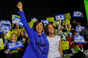 Democratic Maryland Senator-elect Angela Alsobrooks, cheers with her daughter during an election night watch party in College Park