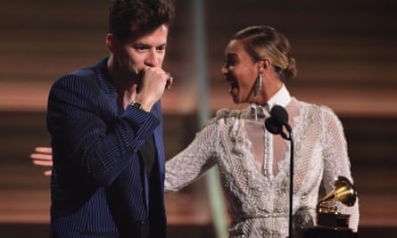Beyonce presenting the award for the Record of the Year, Uptown Funk, to Mark Ronson during the 2016 Grammy music awards