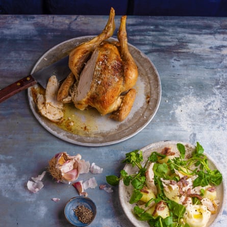 The seven meal roast chicken: chicken, watercress, boiled potato and anchovy salad, by Gill Meller. 20 best meals for one. Food stylist Polly Webb-Wilson.