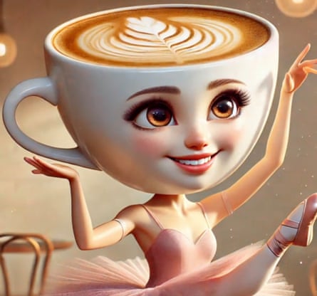 CGI image of a giant coffee cup with creepy female doll-like face, attached to the distorted body of a ballet dancer in a tutu and pointe shoes