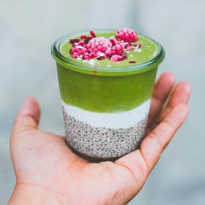 Parfait of chia pud, coconut yoghurt and green smoothie