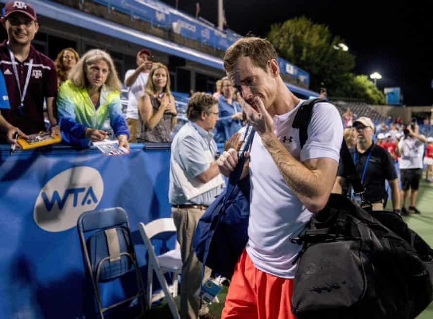 An emotional Andy Murray, of Britain, steps off court after defeating Marius Copil, of Romania, 6-7 (5), 3-6, 7-6 (4), during the Citi Open tennis tournament in Washington, Friday, Aug. 3, 2018