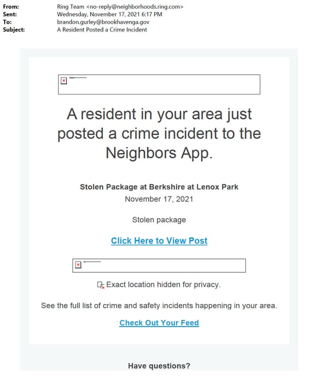 A sample alert from Neighbors to a Brookhaven police officer obtained through public records requests.