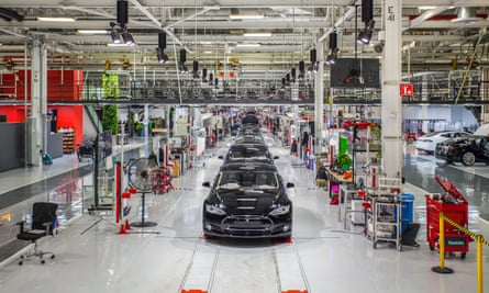 Inside Tesla’s factory. Elon Musk has said his company will make 500,000 cars in 2018, a 495% increase from 2016.