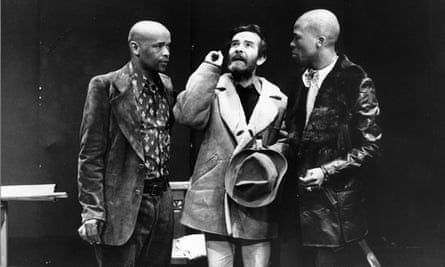 Winston Ntshona, right, with the playwright Athol Fugard and John Kani at the Royal Court theatre, London, in 1974.