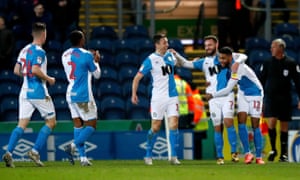 Adam Armstrong celebrates after scoring Blackburn’s second goal against Hull.