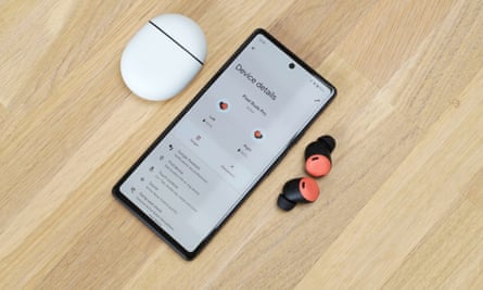 The Pixel Buds app showing settings and controls on a Pixel 6a smartphone.