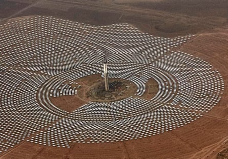 Aerial view of the Noor 3 solar power station which is nearing completion, near Ouarzazate, southern Morocco in 2017.