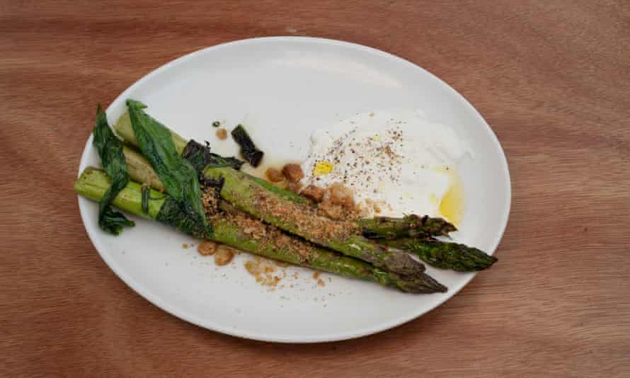 ‘Cooked so they still have bite’: asparagus spears.