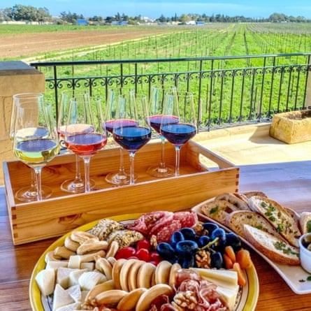 View of wines and meats on a table in front of vines at Meridiana Wine Estate, Malta.