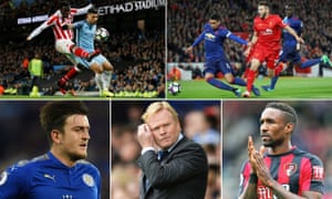 Clockwise from top left: Manchester City’s Sergio Agüero tries to hold off Stoke’s Mame Biram Diouf; Liverpool’s Adam Lallana is challenged by Chris Smalling of Manchester United; Jermain Defoe of Bournemouth; Everton’s Ronald Koeman and Harry Maguire of Leicester City.