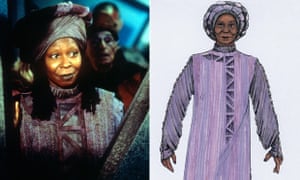 The original design for Guinan in Star Trek: Generations in 1994, and the finished product as worn by Whoopi Goldberg.