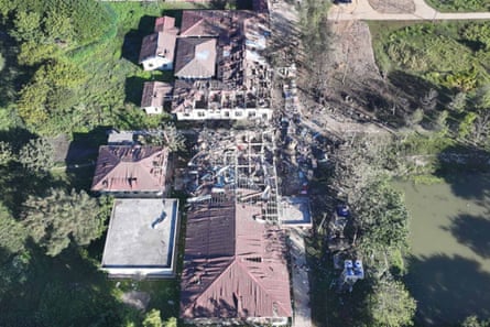 In this aerial photo provided by Wai Hun Aung, damaged buildings are seen at the hospital that was allegedly hit by a military air strike in Mrauk-U township in Rakhine state, Myanmar, Thursday, 11 Dec., 2025.