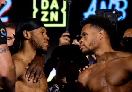 Devin Haney, right, and Brian Norman Jr look disconnected astatine Friday’s weigh-in astatine nan Anb Arena successful Riyadh, Saudi Arabia.