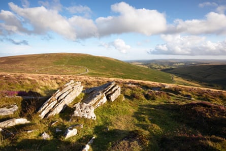 View of Grimspound settlement from Hookney Tor, Dartmoor.