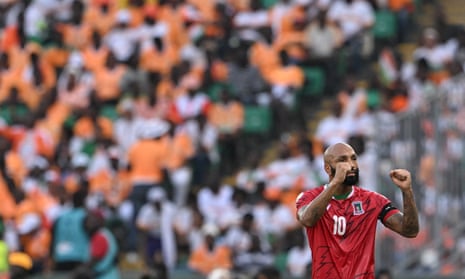 Equatorial Guinea’s Emilio Nsue celebrates after opening the scoring against Ivory Coast.