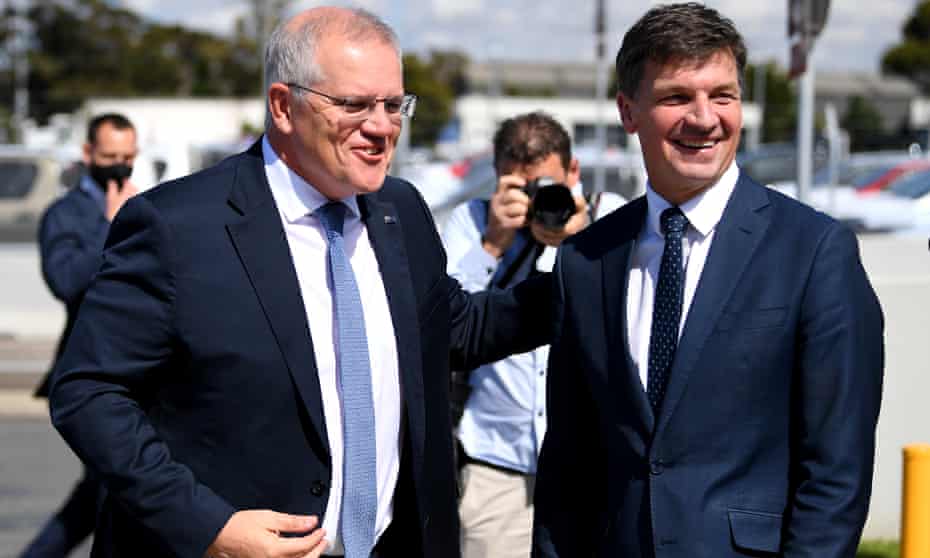 Prime minister Scott Morrison and energy minister Angus Taylor before a tour of the Toyota Hydrogen Centre in Altona, Melbourne, on Tuesday