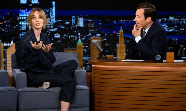 Maya Hawke and Jimmy Fallon on the set of The Tonight Show.