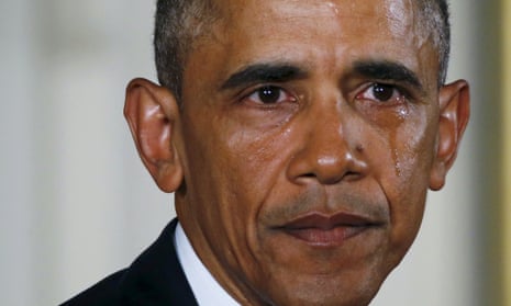 Barack Obama weeps as he speaks at the White House.