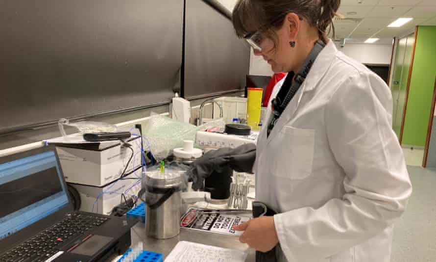 Dr Rebecca Hobbs at a mobile cryopreservation set-up.
