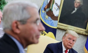 Donald Trump with Fauci in a coronavirus meeting at the White House in April.