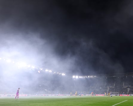 Flares cloud the night sky during Crystal Palace’s trip to Strasbourg