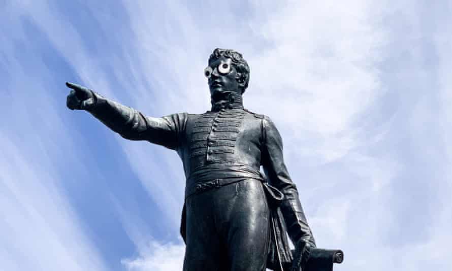 Googly eyes on a statue of city planner Colonel William Light as he looks over the city from a site called Light’s Vision. Googly eyes have continued to appear around Adelaide, South Australia.