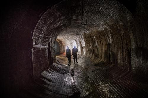 Thames Water ‘flushers’ at work near Farringdon in London’s sewer system
