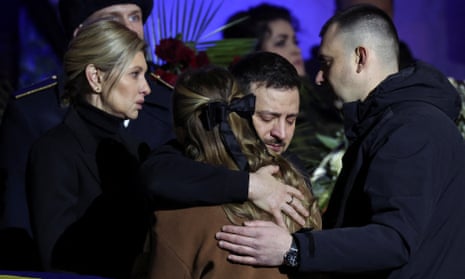 Ukraine’s president Volodymyr Zelenskiy and first lady Olena Zelenska attend a memorial ceremony for the Ukrainian interior minister, Denys Monastyrskyi, his deputy and officials who died in a helicopter crash near Kyiv on Wednesday.