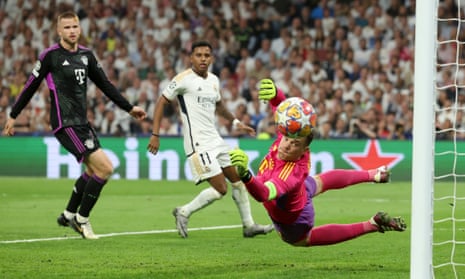 Manuel Neuer of Bayern Munich makes a save during the Champions League semi-final second leg match against Real Madrid.
