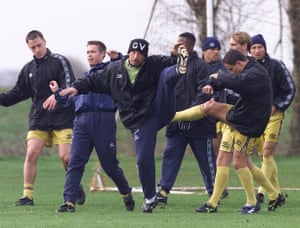 Vialli limbers up as he takes a Chelsea training session before a Premier League game against Arsenal in 1999