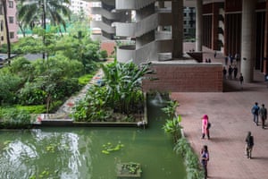 Large brick area with green pond and lots of trees