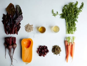 Beetroot, squash, beans, seeds and carrots along with the wasted parts of these ingredients that we usually throw away