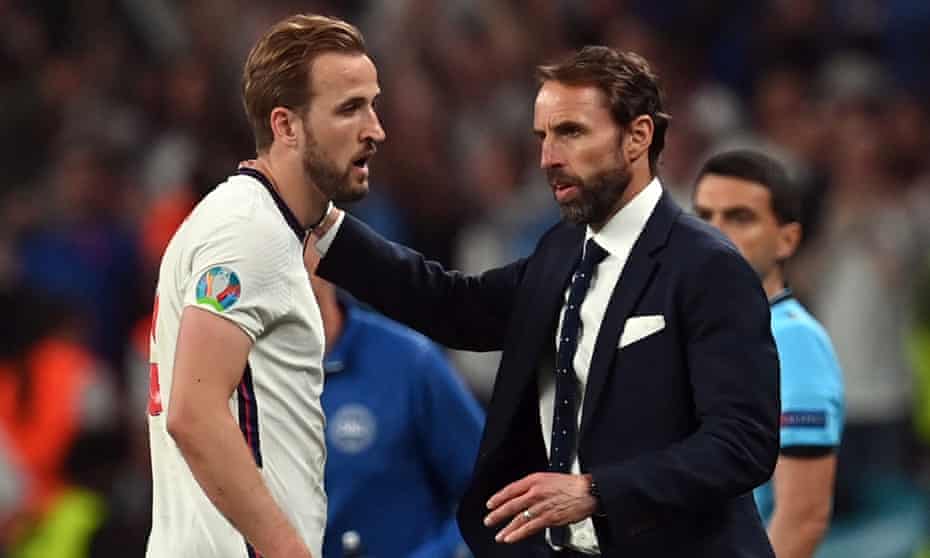 Harry Kane with Gareth Southgate during the Euro 2020 semi-final against Denmark