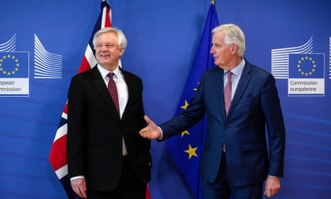 Power play … former Brexit secretary David Davis meets Michel Barnier.