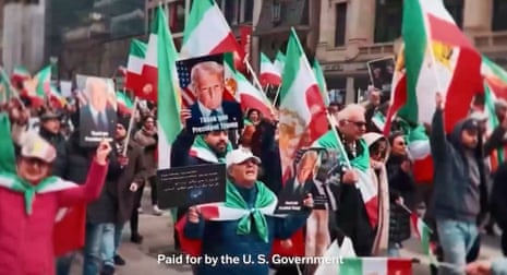 A screenshot from a Trump administration ad showing supporters of his war on Iran celebrating in New York on 1 March 2026.