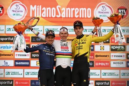 Tom Pidcock, Tadej Pogacar and Wout van Aert on the podium.
