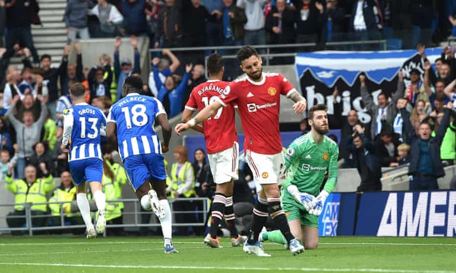 David de Gea looks dejected after he was beaten by Pascal Gross of Brighton for their third goal.