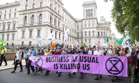 Extinction Rebellion protesters outside the Treasury building in Westminster, London, September 2020