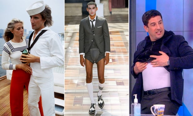 From left: Rod Stewart and Britt Ekland in 1975, Thom Browne’s summer show 2020, and Jason Biggs flaunts his Spanx.