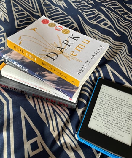 Colin Ho’s book stack: Dark Emu by Bruce Pascoe; Collisions: A Liminal Anthology; Striking Thoughts by Bruce Lee; The Life-Changing Magic of Tidying Up by Marie Kondo and Minor Feelings by Cathy Park Hong
