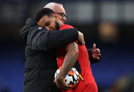 Joshua King is embraced by Claudio Ranieri after his stunning hat-trick brought the Watford manager his first win.