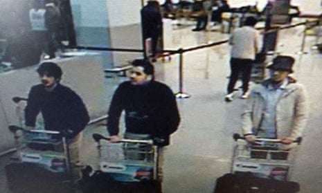 A CCTV image from Brussels airport on the morning of the attack showing suspects including Mohamed Abrini, who was identified as ‘the man in the hat’.